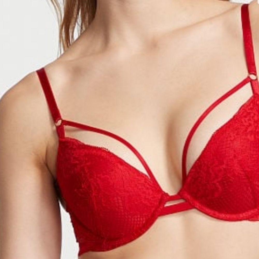 New VICTORIA SECRET VERY SEXY PUSH-UP BRA Red 38DD Strappy Fishnet